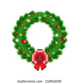 Vector illustration of green wreath with red berries, Christmas decoration and red bow