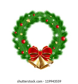 Vector illustration of green wreath with red berries, Christmas decoration and two bells