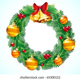 Vector illustration of green wreath with red berries, Christmas decoration and two bells