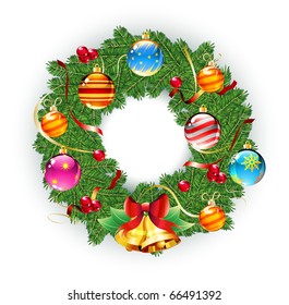 Vector illustration of green wreath with red berries, Christmas decoration and two golden bells