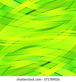Vector illustration of green, yellow abstract background with blurred light curved lines. Vector geometric illustration. 