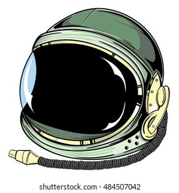 Vector illustration of a green and yellow astronaut space helmet.