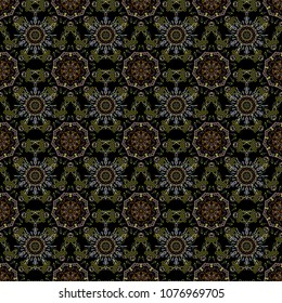 Vector illustration. Green, yellow and brown Christmas frame with abstract snowflakes and dots on black background.
