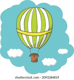 Ilustración vectorial, globo de aire caliente verde y amarillo volando en el cielo azul. Fondo azul abstracto. Plantilla vectorial en forma de caricatura para tarjetas, carteles y otras señales. Esp 10