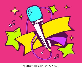 Vector illustration of green and yellow microphone with ribbon on red background. Bright color line art design for web, site, advertising, banner, flyer, poster, board and print.