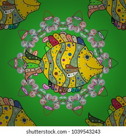 Vector illustration. Green, yellow and neutral. Watercolor texture fish pattern. Seamless.