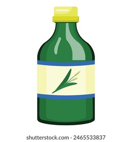 Vector illustration of a green and yellow olive oil bottle with cap and label, perfect for cooking and culinary design