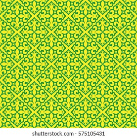 Vector illustration green and yellow seamless background with lily (fleur de lis) for print fabric or  poster