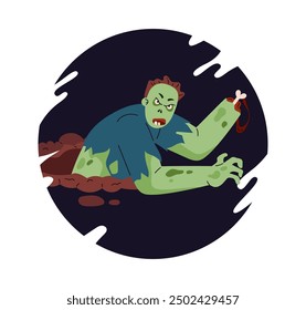 Vector illustration of a green zombie crawling out of a grave. Zombie apocalypse is depicted with a creepy character in a round black frame. Ideal for Halloween badges. Flat style.