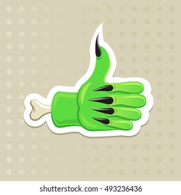 Vector illustration of green zombie hand. Like sign