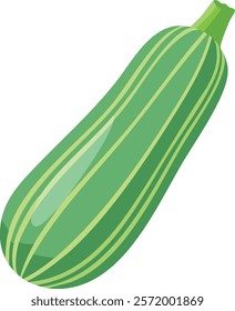 Vector illustration of a green zucchini with light green stripes, smooth surface, and a fresh stem, designed in a clean and minimalistic cartoon style