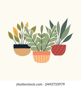 Vector illustration of greenery in clay pots in flat style. Composition of house plants in various vases for cards and articles. Home hobby. 