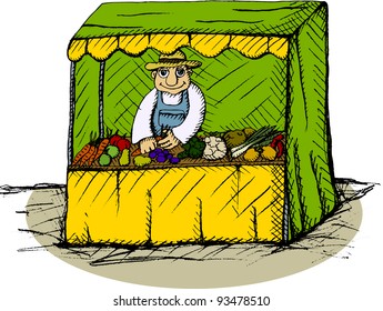 Vector illustration of greengrocer in the booth
