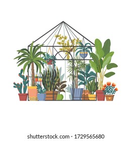 Vector illustration of a greenhouse with different plants and flowers.. Flat design. Great for postcards, prints, posters, stickers, etc.