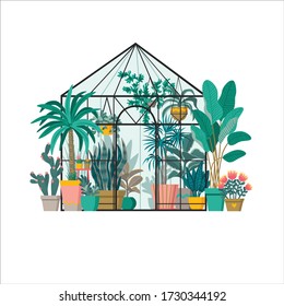 Vector illustration of a greenhouse with different plants and flowers.. Flat design. Great for postcards, prints, posters, stickers, etc.