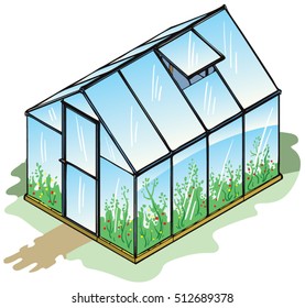 A vector illustration of a greenhouse with flowers
