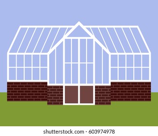 Vector illustration of greenhouse with glass walls and brick foundation in flat style