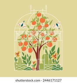 Vector illustration of greenhouse with orange tree. Garden and glasshouse. svg