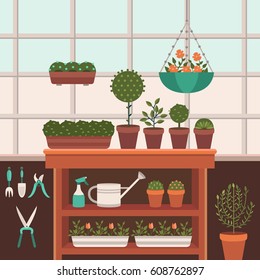 Vector illustration of a greenhouse for plants. Growing flowers. Work in the garden in the summer and spring. Tools for gardening. Flat style.