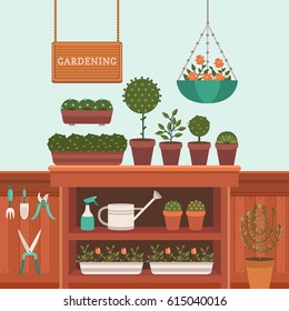 Ilustración vectorial de un invernadero para plantas. Cultivando flores. Compra flores y plantas. Trabaje en el jardín en verano y primavera. Herramientas para la jardinería. Estilo plano.