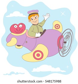 Vector illustration of  a greeting airplane pilot with heart