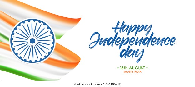 Ilustración del vector: Cartel de bienvenida con bandera india y composición con letras de mano de Feliz Día de la Independencia. 15 de agosto. Saludo a India 