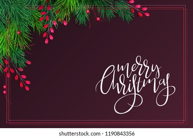 Vector illustration of greeting banner template with hand lettering label - merry Christmas - with realistic fir-tree branches and decorative bead branches.