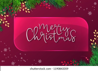 Vector illustration of greeting banner template with hand lettering label - merry Christmas - with a realistic glass plate, fir tree branches, and decorative bead branches.