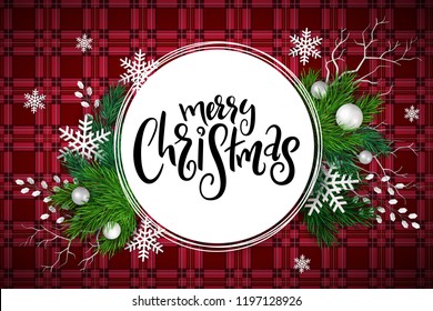 Vector illustration of greeting banner template with hand lettering label - merry Christmas - with realistic fir-tree branches, bauble, snowflakes, and decorative bead branches.