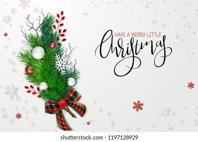 Vector illustration of greeting banner template with hand lettering label - merry Christmas - with realistic fir-tree branches, bauble, snowflakes, and decorative bead branches.
