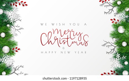 Vector illustration of greeting banner template with hand lettering label - merry Christmas - with realistic fir-tree branches, bauble, snowflakes, and decorative bead branches.
