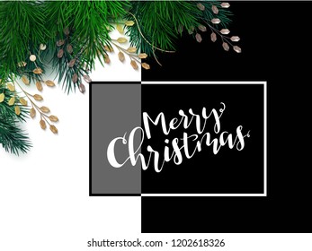 Vector illustration of greeting banner template with hand lettering label - merry Christmas - with realistic fir-tree branches and decorative bead branches
