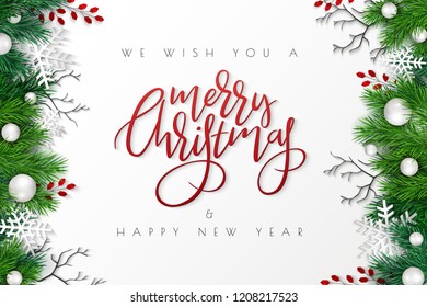 Vector illustration of greeting banner template with hand lettering label - merry Christmas - with realistic fir-tree branches,, snowflakes, and decorative bead branches.