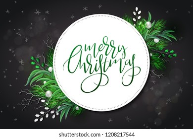 Vector illustration of greeting banner template with hand lettering label - merry Christmas - with realistic spruce and eucalyptus branches, snowflakes, and decorative bead branches.