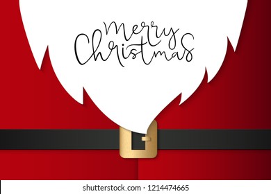 Vector illustration of greeting banner template with hand lettering label - merry Christmas - with paper santa suite, belt and beard.
