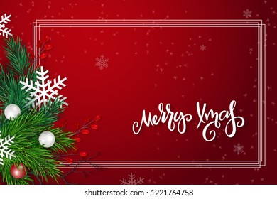 Vector illustration of greeting banner template with hand lettering label - merry xmas - with realistic fir-tree branches, bauble, snowflakes, and decorative bead branches.