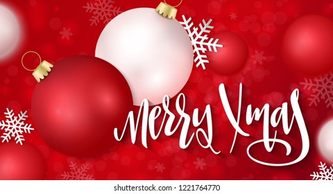 Vector illustration of greeting banner template with hand lettering label - merry Christmas - with realistic baubles, snowflakes, and flares.