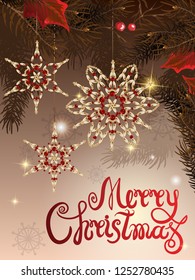 Vector illustration of greeting banner template with hand lettering label - merry Christmas - with beads, baubles, snowflakes