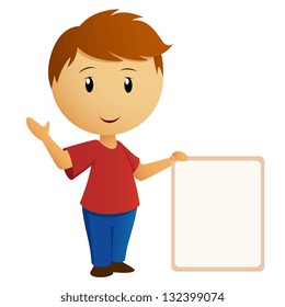 Vector illustration. Greeting boy in red shirt with empty banner placard