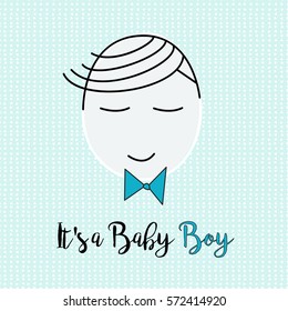 Vector illustration of greeting card it's a baby boy. Baby shower card. Baby announcement birthday card design element. Shower party design element with cute kid boy face.