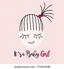 Vector illustration of greeting card it's a baby girl. Baby shower card. Baby announcement birthday card design element. Shower party design element with cute kid girl face.