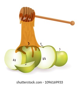 Vector illustration greeting card , background with apples and sticky with  liquid honey. Shana Tova. Jewish happy new year illustration. 