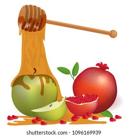 Vector illustration greeting card , background with apple honey and pomegranate. Shana Tova. Jewish happy new year illustration. 