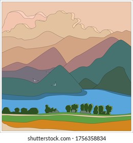 Vector illustration for greeting card backgrounds. The view from the heights of the high mountains and the blue lake. White seagulls. The state at sunset.