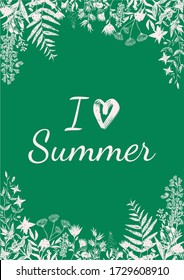 Ilustración vectorial. Tarjeta de saludo, banner, plantilla. Inscripción blanca en un fondo verde. Me gusta el verano.