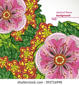 Vector illustration greeting card beauty and fashion. Background with flowers and leaves. Zentangl, doodling. Adult coloring books.