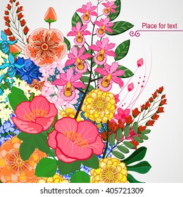 Vector illustration greeting card beauty and fashion. Background with flowers and leaves.