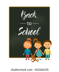 Vector illustration. Greeting card. Blackboard with the words, "Back to School". Joyful students standing nearby. Holiday education, new knowledge.