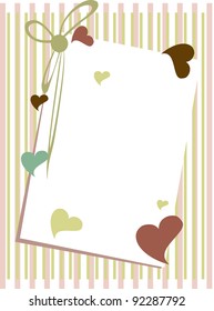 Vector illustration of a greeting card with blank note  heaving colorful heart shapes and ribbon on straight lines background for Valentines Day and other occasions.