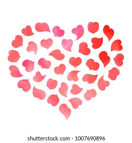 Vector illustration: a greeting card with cartoony hand drawn rosy hearts with watercolor texture for decoration, prints and posters. Isolated on white background for Valentine's Day or wedding decor.
